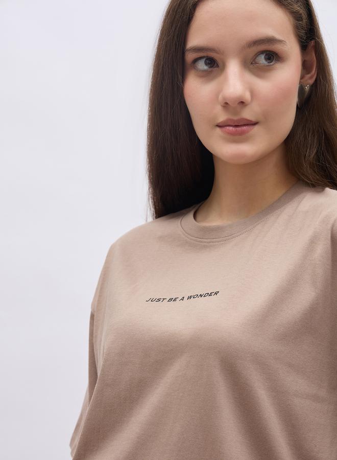 Styli Women Beige Slogan Print Short Sleeve Oversized T-Shirt - Image 4